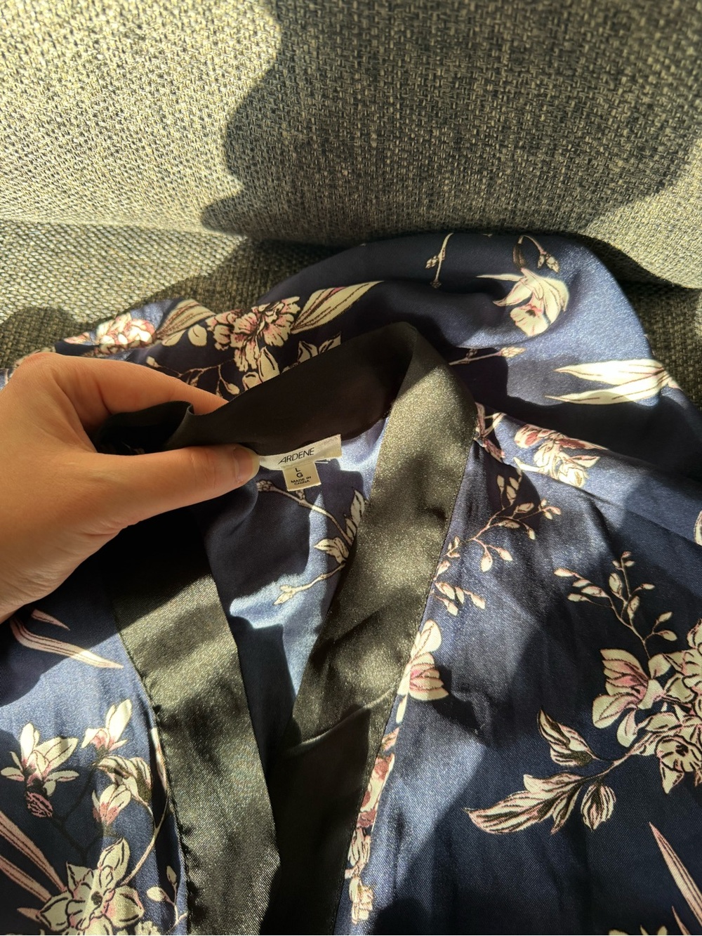 Navy Floral Kimono Robe with Black Trim - Picture 7 of 8